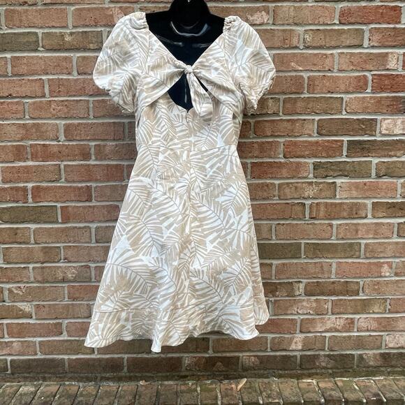Coastal Beachy Botanical Print LOFT sz 2 Cutout Dress Vacation Resort Palm Midi - Picture 6 of 12